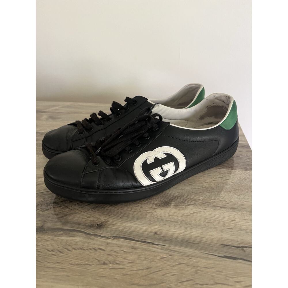 Gucci Interlocking G Black Leather Low Top Ace Sneakers Mens UK size 10 US 10.5